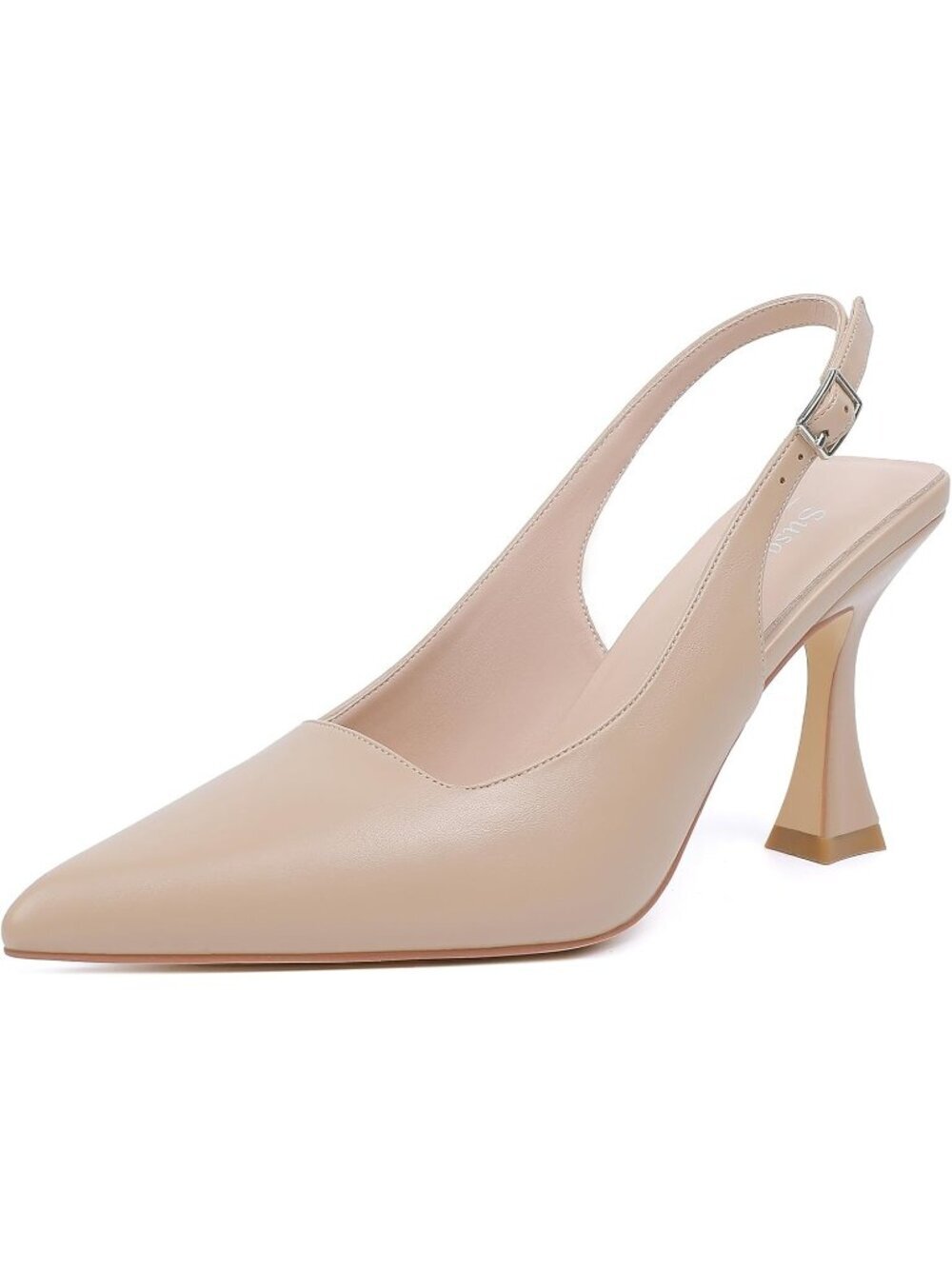 Women's Nude Pu Slingback Kitten Pump Closed Pointy Toe Chunky Heel Shoes